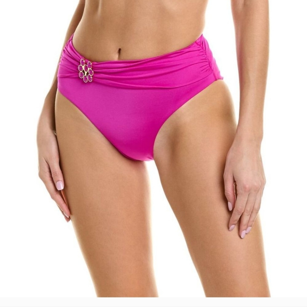 Trina Turk Shirred High-Waist Bikini Bottom Magenta Sz 4 Fuschia Pink